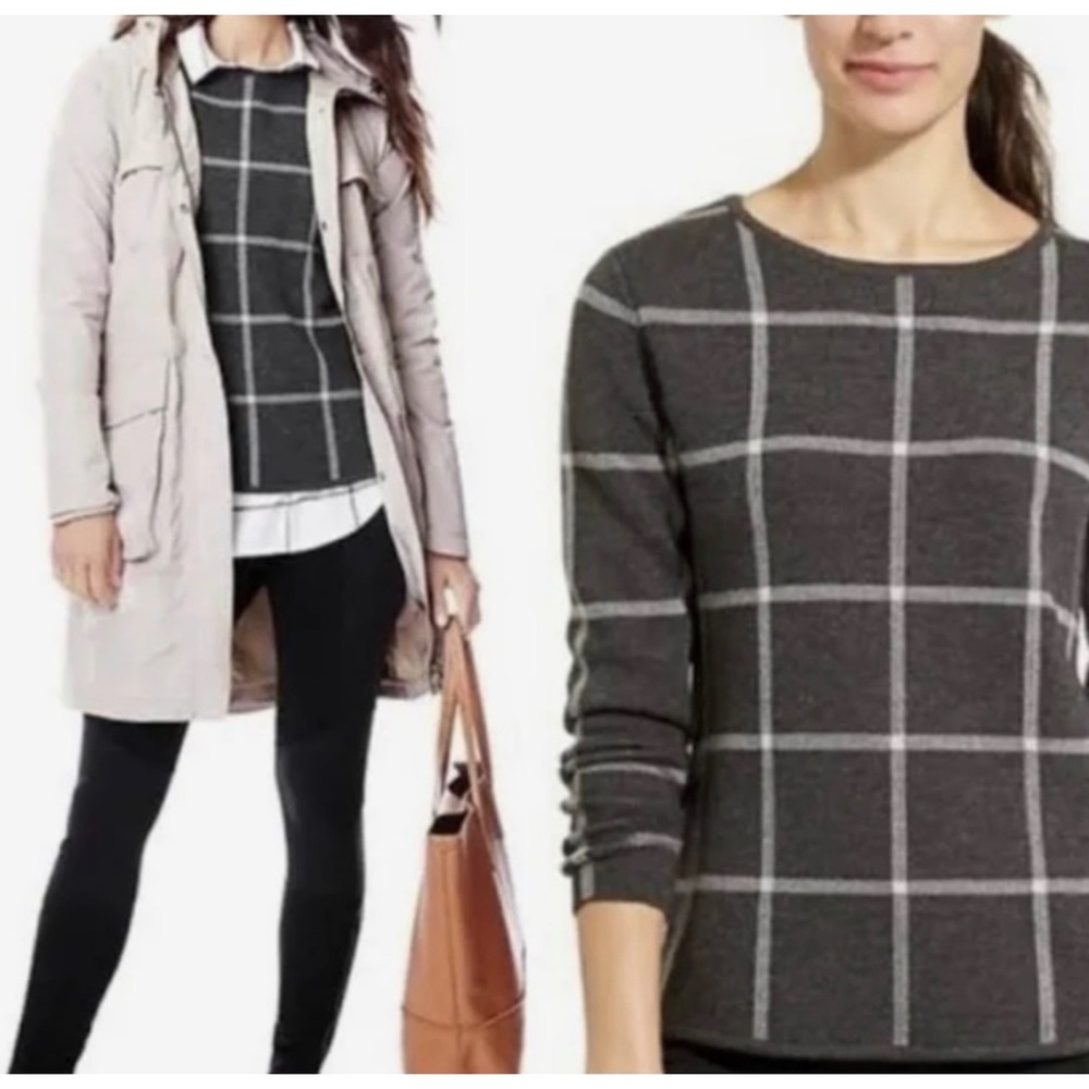 Athleta Women Small Sweater Merino Wool Dakota Windowpane Plaid Gray Luxury